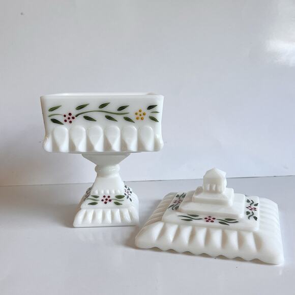 Vintage Hand Painted Milk Glass Footed Candy Dish With Lid - Picture 2 of 3